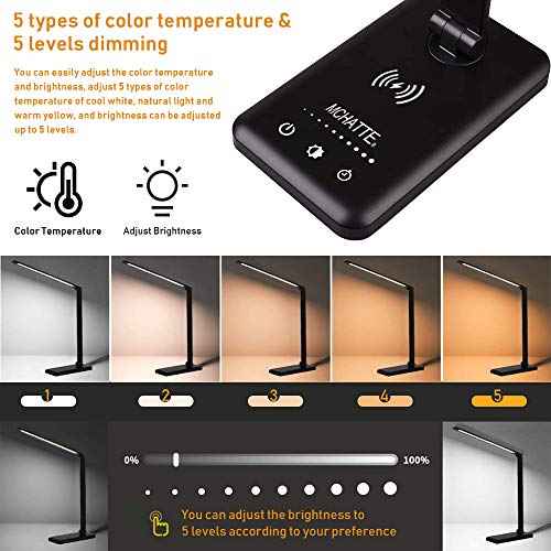 LED Desk Lamp with Wireless Charger, USB Charging Port, Dimmable Eye-Caring Desk Light with 5 Brightness Levels & 5 Lighting Modes, Touch Control, Auto Timer (Black)