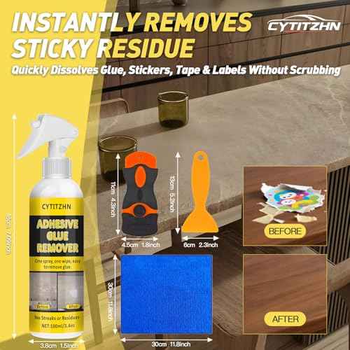 Adhesive Remover - Powerful Sticker & Glue Remover Spray for Cars, Removes Labels, Stickers, Decals, Tape Residue from Car Glass, Paint & Windows with Scraper, Razor Blades, and Towel - 3.4oz/100ml