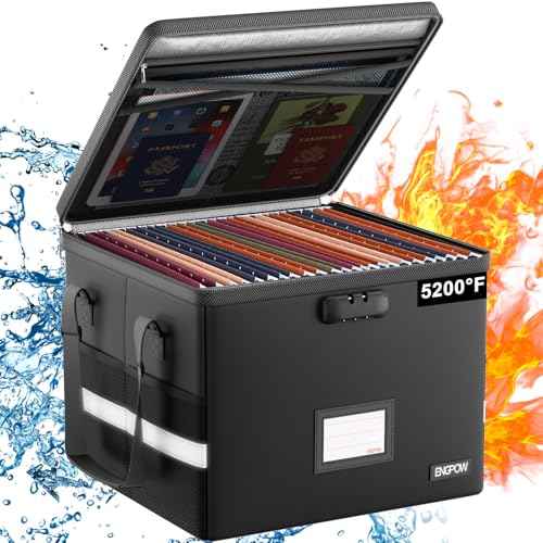 ENGPOW 5200¡ÆF Fireproof Document Box with Lock, Heat Insulated Collapsible File Storage Organizer with Handle, Portable Home Office File Cabinet for Hanging Letter/Legal Size Folder, Black