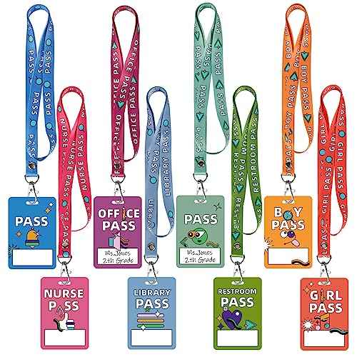 8 Pcs Writeable Hall Passes for Classrooms, Unbreakable PVC Hall Lanyards Passes for Hall Bathroom Library Office Boy Girl and Nurse Ideal for Classroom School Supplies. (Abstract)