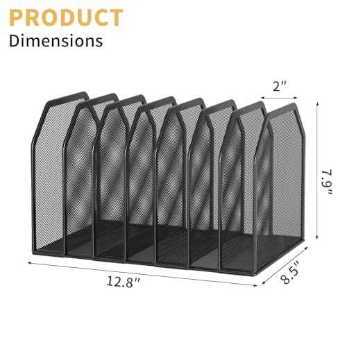 Metal 7-Section File Folder Organizer for Desk | Vertical Office File Holder | Heavy-Duty Mesh Document Sorter for Books, Binders, Laptops | Black Desk Organizer (12.8¡±x8.5¡±x7.9¡±)