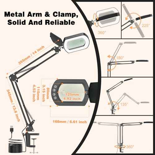 Rectangle Magnifying Glass with Light and Clamp, 15X 10X Desk Magnifying Lamp with Dust Cover, 5 Color Modes Dimmable, 84 LED Real Lens Lighted Magnifier Hands Free, Table Lamp for Repair Crafts Hobby