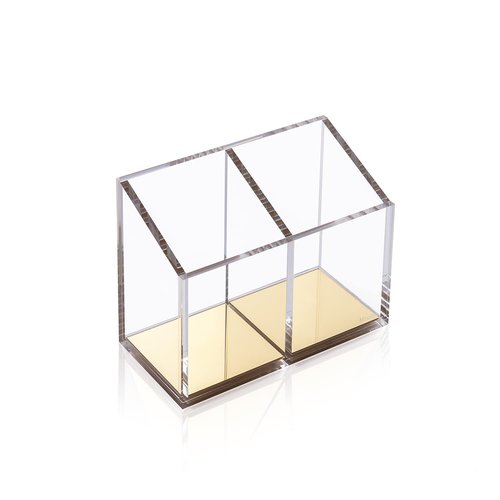 Modern Acrylic Pen Holder with 2 Compartments Gold Base, Multifunctional Pencil Holder for Desk Gold Mirror, Makeup Brush Holder, Marker Holder for Office, Classroom, Home