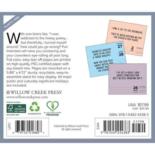 Willow Creek Press, Pun Intended 2026 Desk Calendar, 6.18'' X 5.43'', Daily Calendar with Adhesive Binding