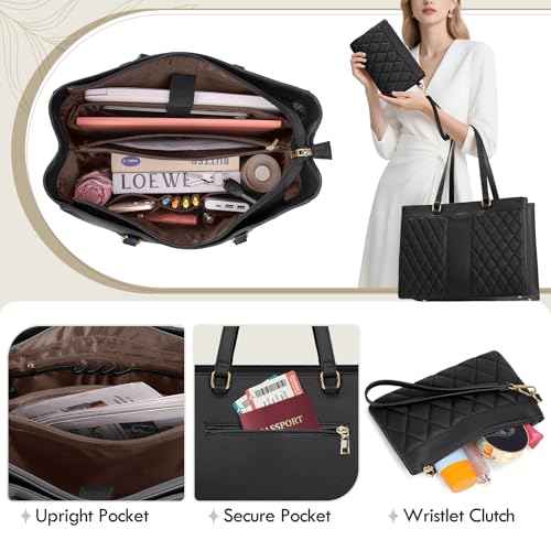 RAINSMORE Laptop Bag for Women 15.6 Inch Work Tote Bags Leather Laptop Tote Professional Laptop Purse Computer Handbag Womens Briefcase Tote with Clutch for Teacher Office Travel, Black