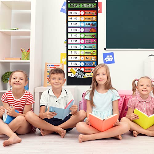 Black Daily Schedule Pocket Chart Kit with 40 Erasable Cards for Classroom & Home