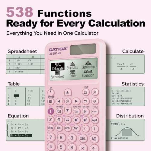 Pink Scientific Calculator with Textbook HD Display, Solar & Battery, Hard Case - CATIGA CS-991NX