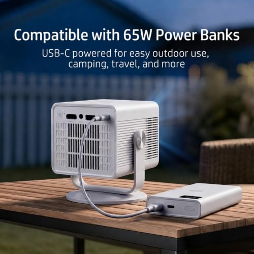LYNCast White HP Portable Projector with Built-in Apps & USB-C Power Bank Compatibility
