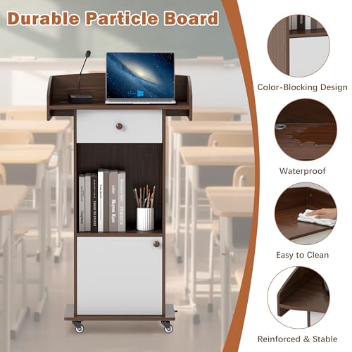 Qriocioa Brown & White Podium Stand with Wheels, Wooden Lectern with Storage