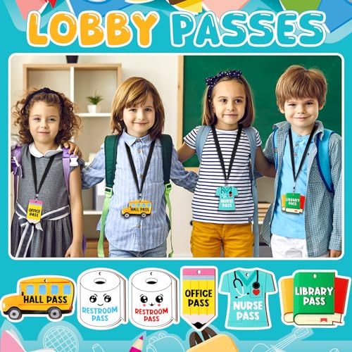 Sabary 6 Sets Hall Pass Lanyards and School Passes Set Unbreakable Wooden Bathroom Passes for Classrooms Hall, Restroom, Library, Office and Nurse School Teacher Supplies Gift (Cute Style)