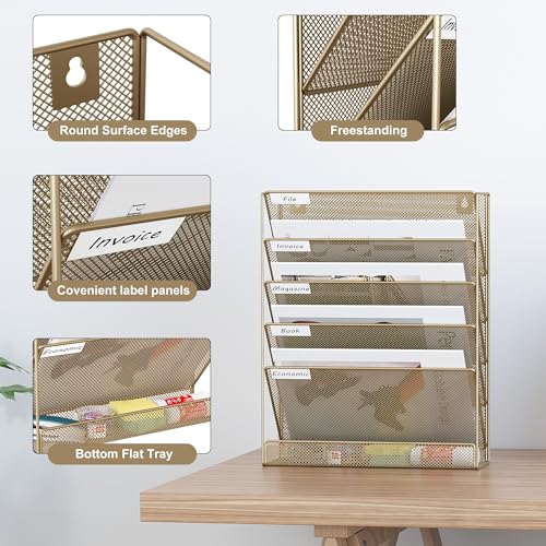 EasyPAG Gold 5-Tier Wall File Holder Mesh Organizer with Labels, Vertical Office & Home Desk Storage