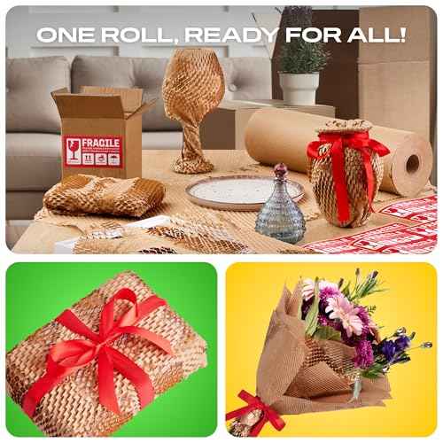 Honeycomb Packing Paper | Extra Thick 90 GSM Packing Wrap | Biodegradable Packing Materials: 15¡± x 400¡¯ Moving Paper + 30 Fragile Stickers | Paper Bubble Wrap/Packing Bubbles Substitute