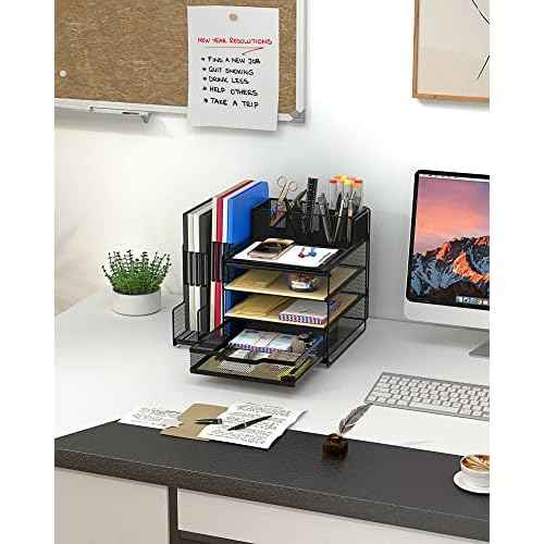 VIVSOL Desk Organizer with Mesh File Holder, 4-Tier Office Supplies Desk Organizers and Accessories with Sliding Drawers & Pen Holder, Desk File Organizer and Storage for Office, School, Home, Black