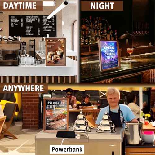 A4 Size LED Acrylic Sign Holder with Walnut Wood Base Frame, Light Up Menu Board Stand, Backlit Poster Display Light Box for Restaurants, Bars, Offices