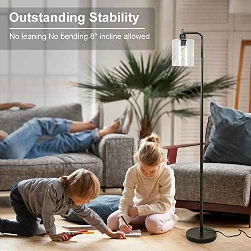 Depuley Black Floor Lamp, Industrial LED Floor Lamps with Hanging Glass Shade, Farmhouse Standing Lamp Modern Tall Pole Lighting for Living Room, Bedroom, Office, Study Room, E26 Bulb Included