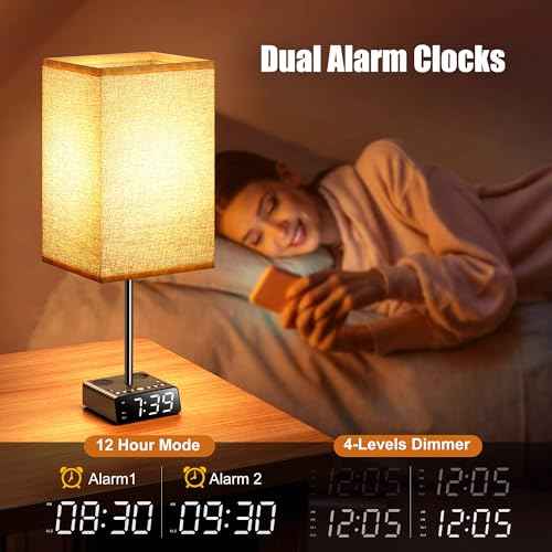 Touch Control Nightstand Light,Bedside Lamp with Alarm Clock&Charging Station - 2 Alarm Clock+ 2AC + 1USB-A + 1USB-C,Lamps with USB Ports and Outlets,3-Level Dimmable Touch Lamp