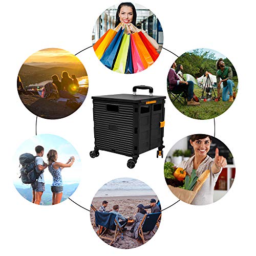 FELICON SELORSS Foldable Utility Cart Folding Portable Rolling Crate Handcart with Durable Heavy Duty Plastic Telescoping Handle Collapsible 4 Rotate Wheels for Travel Shop Move Luggage Office(Black)