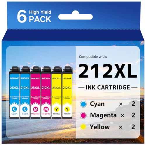 212 XL Ink Cartridges for Epson Printer WF-2850 WF-2830 XP-4100 XP-4105 Ink Cartridges Remanufactured for Epson 212 T212 T212XL High Yield (2 Cyan 2 Magenta 2 Yellow, 6 Pack)
