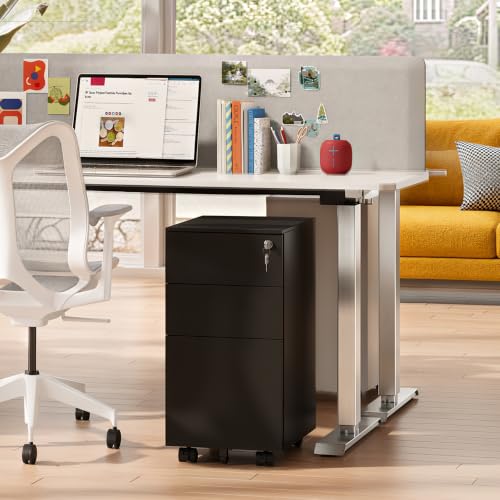 Devaise 3-Drawer File Cabinet with Lock, Fully Assembled Except Casters – Black, 11.8W x 17.1D x 23.6H