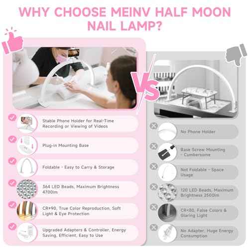 Half Moon Light for Mail Desk - 29" Foldable Arch Nail Desk Light for Nails Tech with Phone Holder, Professional LED Ring Nail Table Lamp for Manicure Salon Tattoo Eyebrows Beauty Lighting