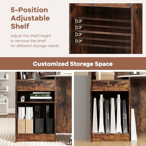GIANTEX White & Rustic Brown Reception Desk with Lockable Drawer, Oval Top & Adjustable Shelf