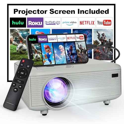 Mini Projector with HDMI Cable, Upgraded Bluetooth Projector with Screen, 1080P Full HD Portable Projector, Movie Projector Compatible with TV Stick Smartphone/HDMI/USB, indoor & outdoor use