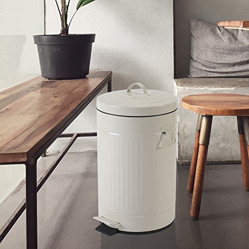 White Trash Can with Lid, Bathroom Bedroom Waste Basket Soft Close, Small White Garbage Can, Retro Vintage Home Office Trash Can, 12 Liter/3 Gallon, Glossy Cream White