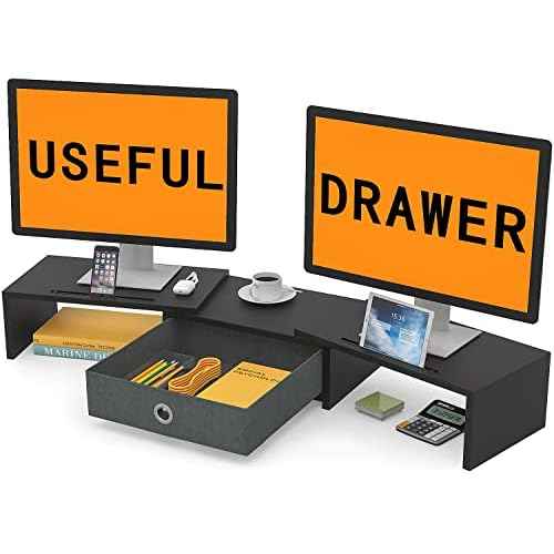 WESTREE Dual Monitor Stand Riser with Drawer, Adjustable Length and Angle Monitor 2 Solts for Phone & Tablet, Desktop Organizer Stand for Computer/Laptop/PC/Printer