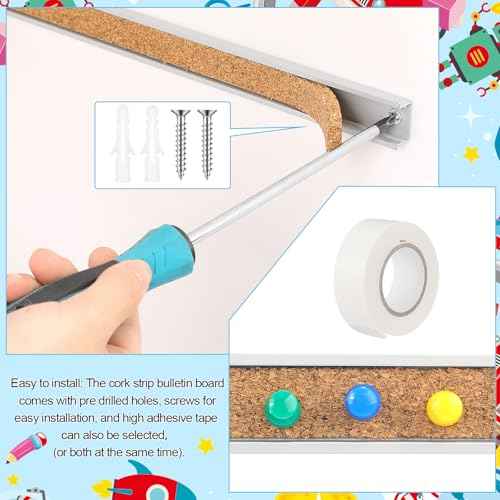 3 Pcs 48" x 1" Cork Strips Bulletin Bar Strips for Wall Bulletin Board Aluminum Trim Brown Cork Boards with Accessories for Paste Notes Photos Classroom Office Home Holiday Decor