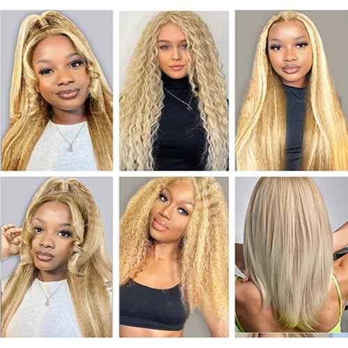 22 24 26 Inch P27/613 Highlight Blonde Bundles Human Hair Yaki Straight Bundles Honey Blonde Kinky Straight Bundle Unprocessed Brazilian Virgin Weave Hair 3 Bundle 50 Gram Per Bundle