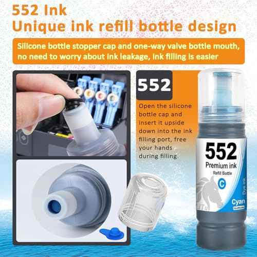 T552 552 Ink Refill Bottles T552920 Replacement for 8550 ET-8550 8500 ET-8500 Printer (Black, Photo Black, Cyan, Magenta, Yellow, Gray, 6-Pack)