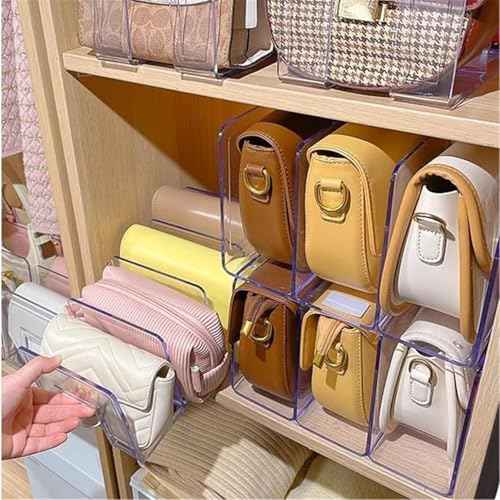 YAGELI Clear Acrylic Purse/Handbag Organizer - 3 Sections Divider for Closet Storage - Sturdy Organizer Rack for Purses, Handbags, and Clutches (4Pack-3Sections)