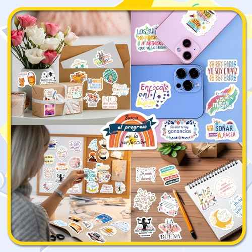 Spanish Motivational Stickers - 200PCS Inspirational Stickers for Students, Adults & Teachers - Affirmation Positive Quotes - Orange, Purple, Black