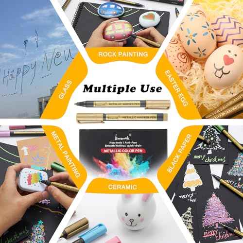 Metallic Marker Pens - 10 Colors Medium Point Metallic Markers for Rock Painting,Black Paper,Scrapbooking Crafts, Card Making,DIY Photo Album,Ceramic