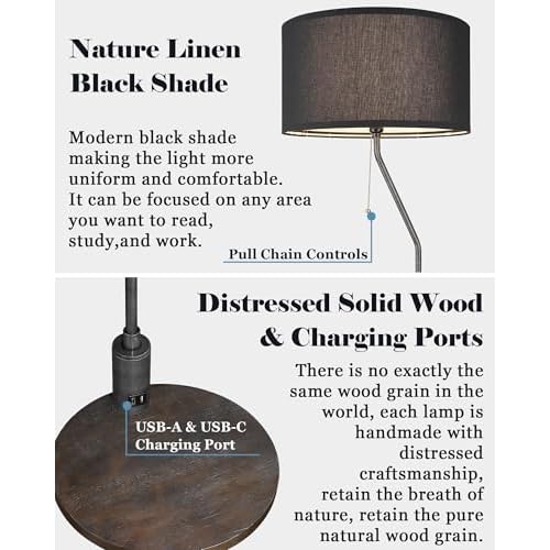 ELYONA C Shaped End Table Floor Lamp with USB A+C Charging Ports Wood Side Table Modern Reading Light Black Linen Shade Farmhouse Tall Standing Lamp for Living Room Bedroom Office LED Bulb Included
