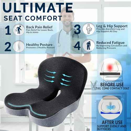 Memory Foam Seat Cushion for Truck Drivers, Office Chairs Ergonomic Seat Cushion for Back, Tailbone Sciatica Pain Relief, Pressure Relief Pad for Long Sitting, Car Seat Desk Chair Use (Gray)