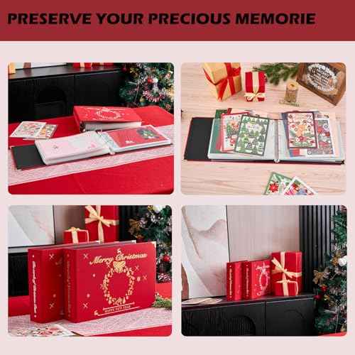 MANWU Christmas cards organizer binder album, greeting cards display organization Storage Holder, Cardkeeper special cards leather book, holds 100 cards (Golden)