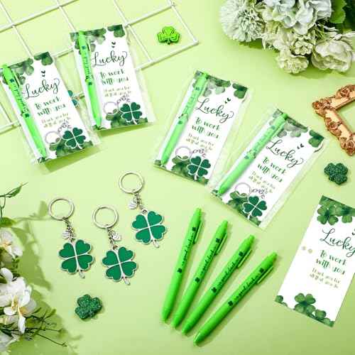 48 Sets St Patrick's Day Gifts for Employee Good Luck Ballpoint Pens Shamrock Ballpoint Pens Four Leaf Clover Keychains with Thank You Cards for Team Staff Teacher Coworker