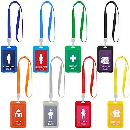 8 Pcs Hall Lanyards and School Passes Set Unbreakable PVC School Passes Set Teacher Lanyard Library Office Nurse Restroom Bathroom Passes for Classrooms and Teachers Supplies (Classic Style)