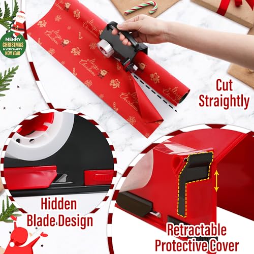 2 Pack Wrapping Paper Cutter & Tape Dispenser, Dual Use Christmas Gift Wrap Cutter Slider Tool with 4 Tapes & 2 Replaceable Blades for Holiday & Birthday Wrapping Paper Roll, Red and Black