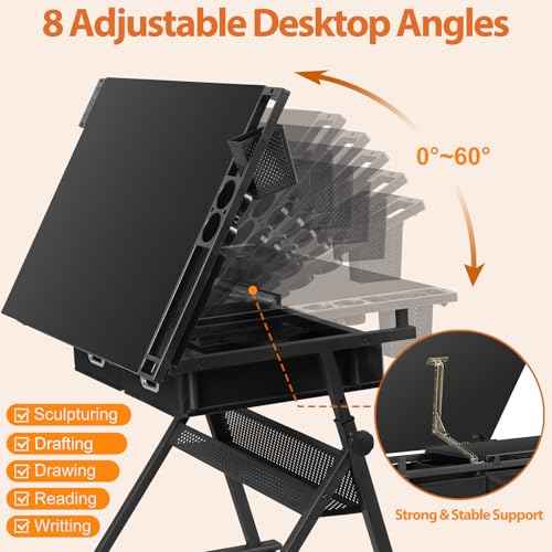 JupiterForce Drafting Table Art Desk w/Power Outlet and Stool, Adjustable Tilting Drawing Table Artist Desk with 2 Storage Drawers, Art Craft Work Station for Home Office Working, Writing, Crafting