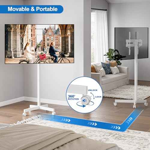 Mobile TV Cart Rolling TV Stand for 23-65 Inch Screen Outdoor TVs up to 110lbs, Height Adjustable Portable AV Cart with Wheels and Tilt Mount, Outdoor TV Stand Mount, Max VESA 400x400mm, White
