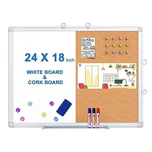 Magnetic White Board and Cork Board Combo, 24 X 18 inches Whiteboard Bulletin Combination Board, Wall Mounted Dry Erase Message Board for Home, School and Office