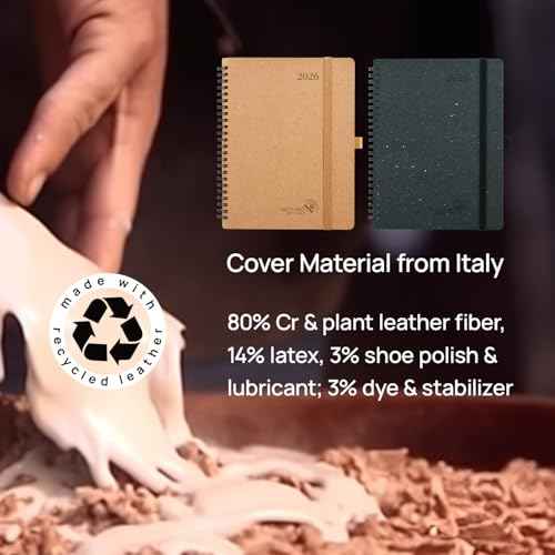 POPRUN 2026 Planner - 2026 Recycled Weekly Planner [Italian Regenrated Leather - Medium Size 6.5'' x 8.5''] - 2026 Weekly Planner with Hourly Schedule, Monthly Tabs-26-WERO7-DST - Desert Brown