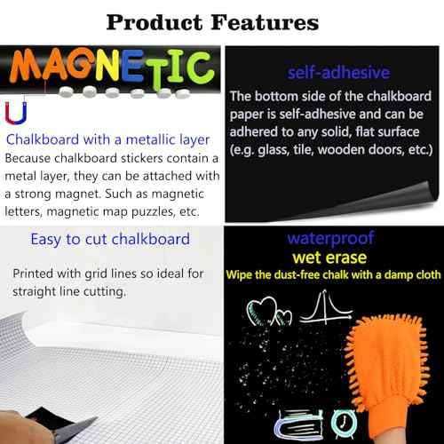 Magnetic Chalkboard Contact Paper 50"x18" Self Adhesive Magnet Wall Board Sticker with 12 Color Liquid Chalk for Kid, Black Chalk Board Wallpaper Roll Alternative to Magnetic Blackboard Paint