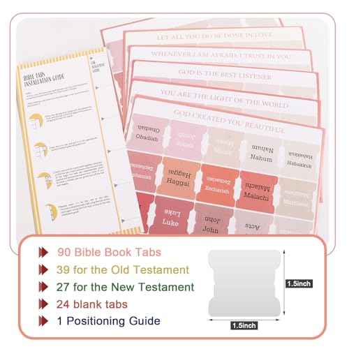 90Pcs Bible Tabs for Women, Pink Bible Bookmarks Index Tabs Cute Laminated Large Print Study Supplies Guide Kit, Small Baptism Christian Gifts for Men Boys Beginner Easy to Read