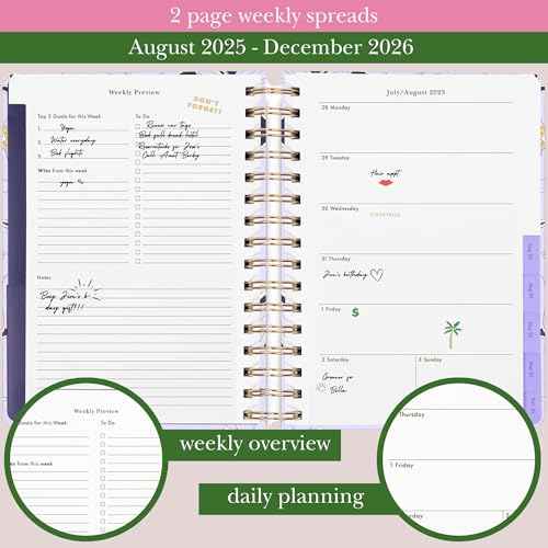 kate spade new york Daily Planner 2025-2026 Large Agenda August 2025-December 2026, Hardcover Weekly and Monthly Spiral Planner with Stickers (Coastal Garden)
