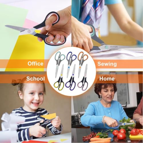Hnncugty 8-Inch All-Purpose Scissors 6 Pack Black & Grey for Office & Crafts