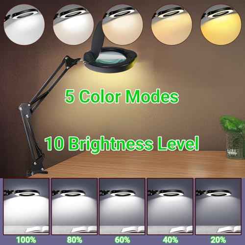 15X Magnifying Glass with Light and Clamp, 5 Color Modes 10 Levels Adjustable Brightness, 2-in-1 Desk Lamp with Clamp, Hands Free Magnifier with Dust Cover for Craft Hobby Reading Repair Close Works