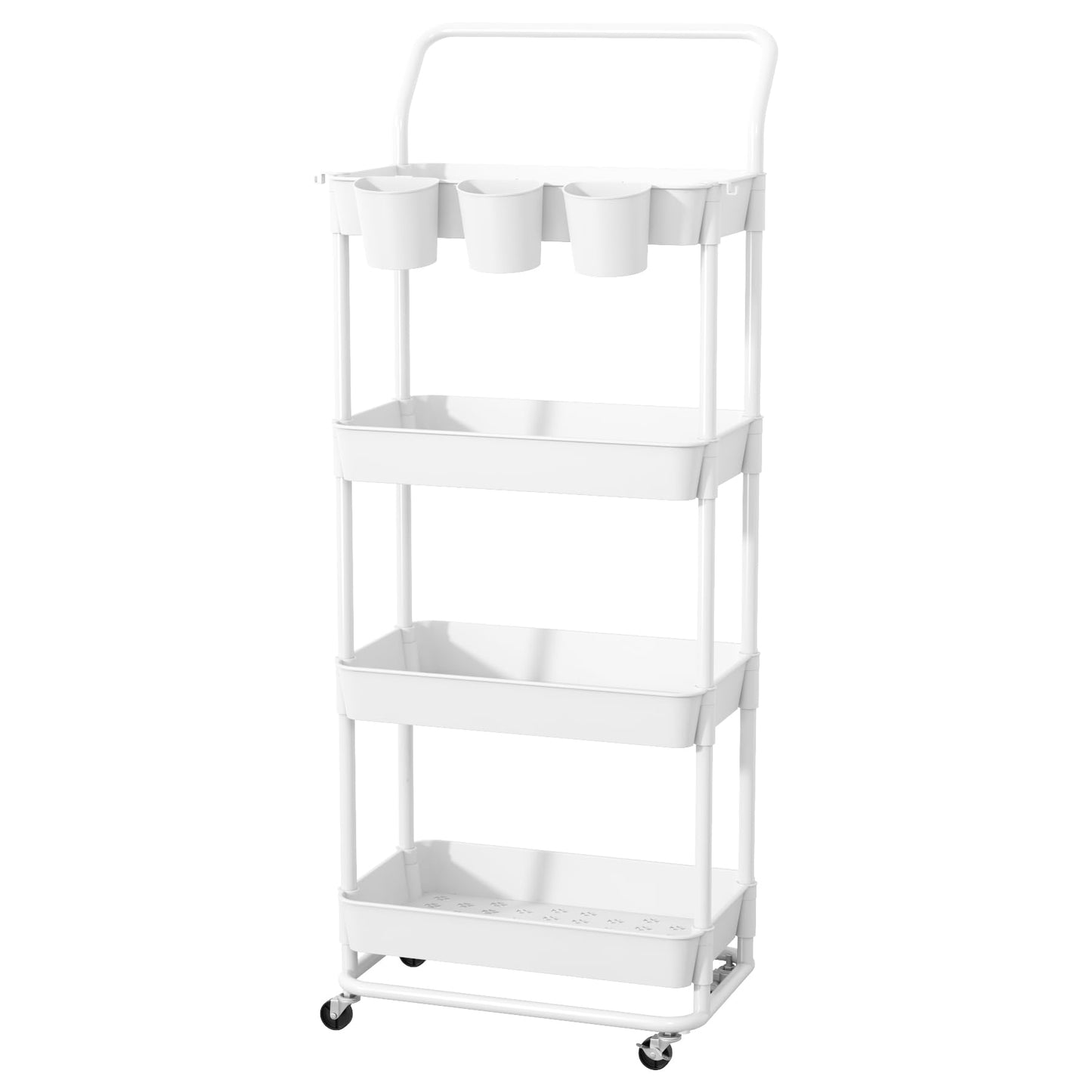 Buzowruil 4-Tier Rolling Utility Cart, Storage Cart with Handle Multi-Purpose and Locking Wheels,with Hanging Basket and Hook for Office, Kitchen, Bathroom,White